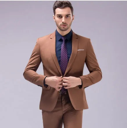 Men's single-breasted flat collar business suit set in dark blue with jacket and trousers on display