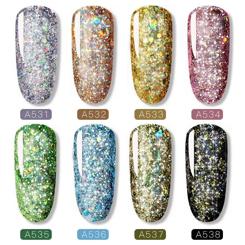 Eight colourful nail polish bottles in shades RFA531 to RFA538, each 12ml, arranged in a row.