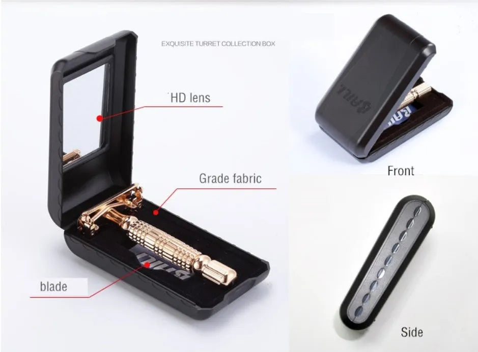 Rose gold chrome plated double edge safety razor with butterfly head in travel storage box with mirror