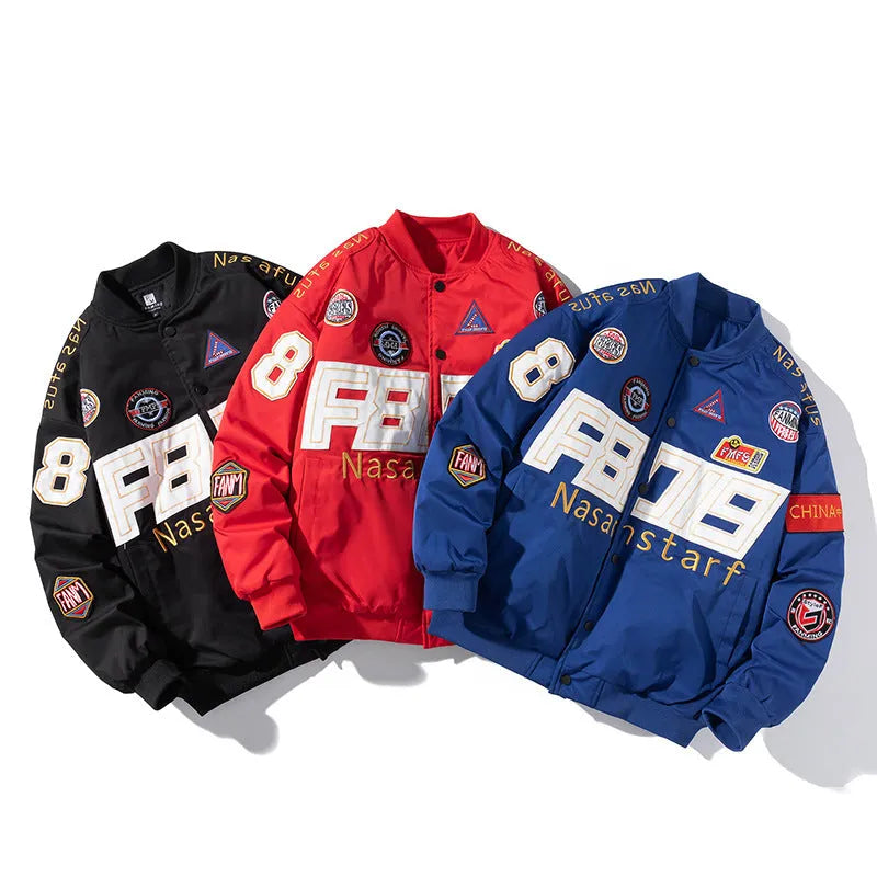 Black loose-fit motorcycle baseball jacket with a removable hood and side pocket.