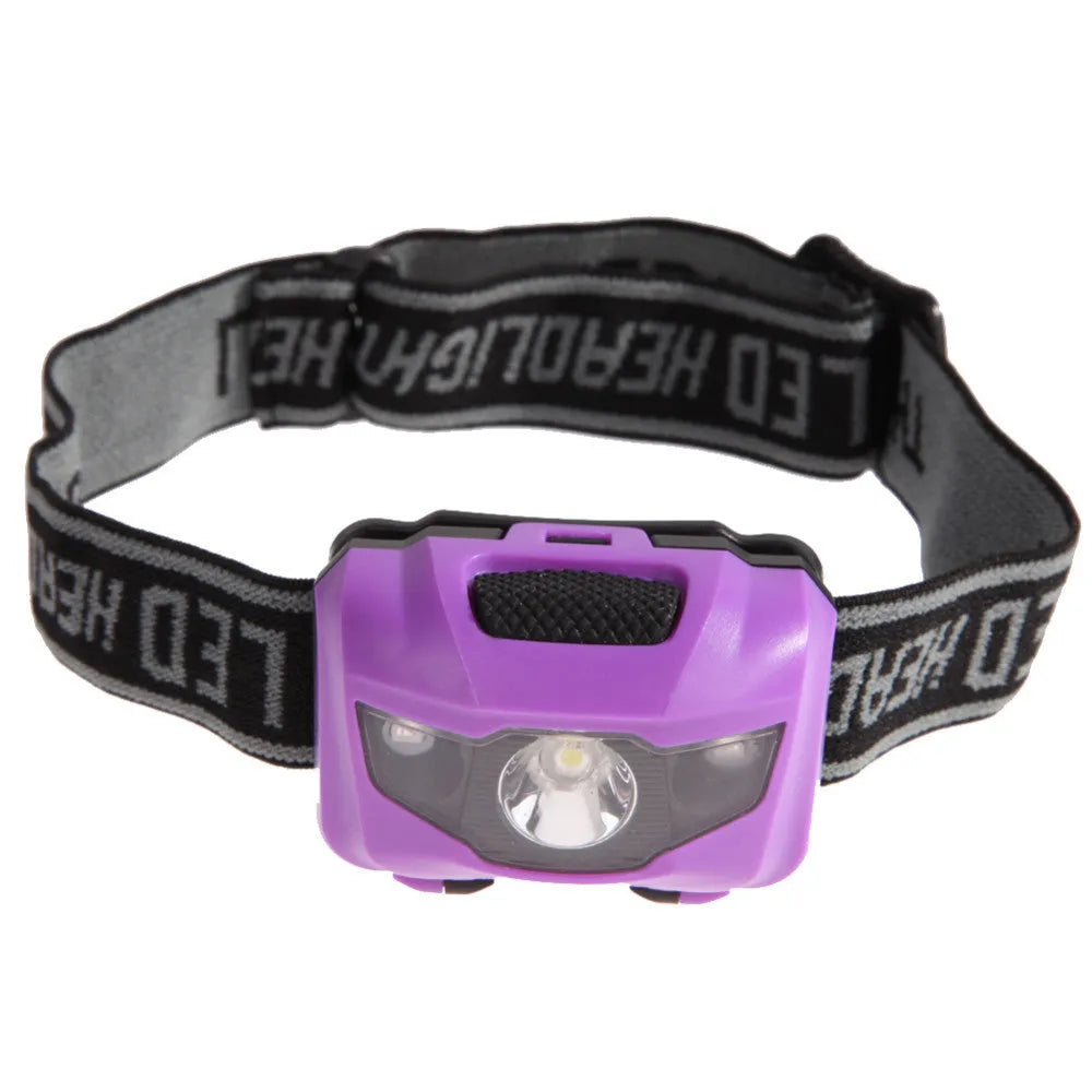 Black head torch with white and red LEDs mounted on an adjustable head strap for outdoor use.