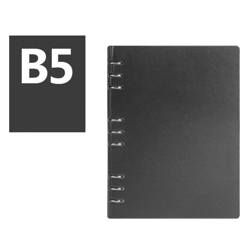 Simple business notebook with imitation leather cover showing loose-leaf binding and beige road forest paper