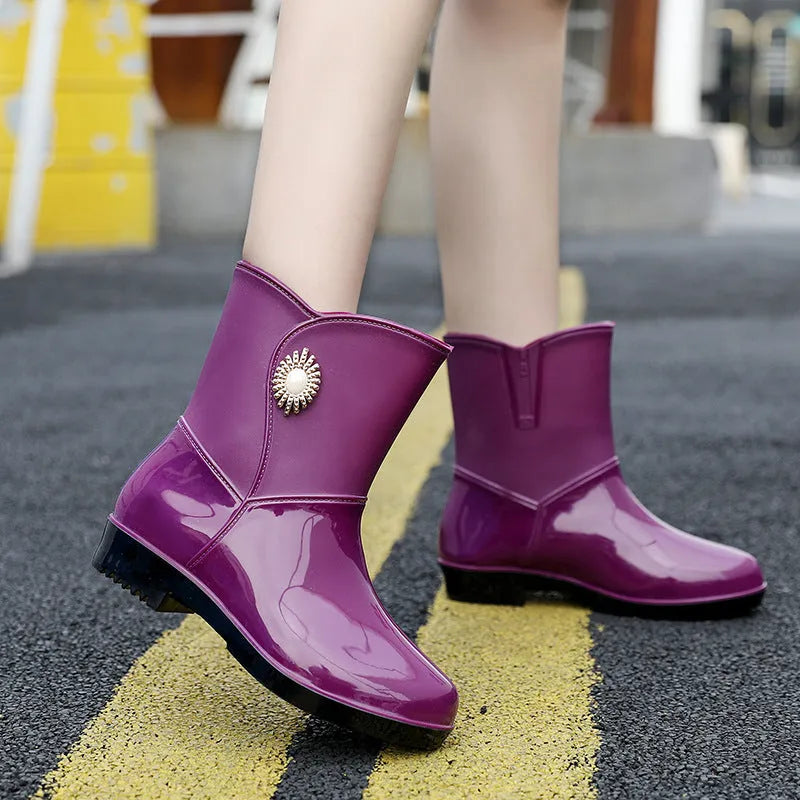 Women's mid-calf rain boot in beige with a non-slip sole and thickened lining.