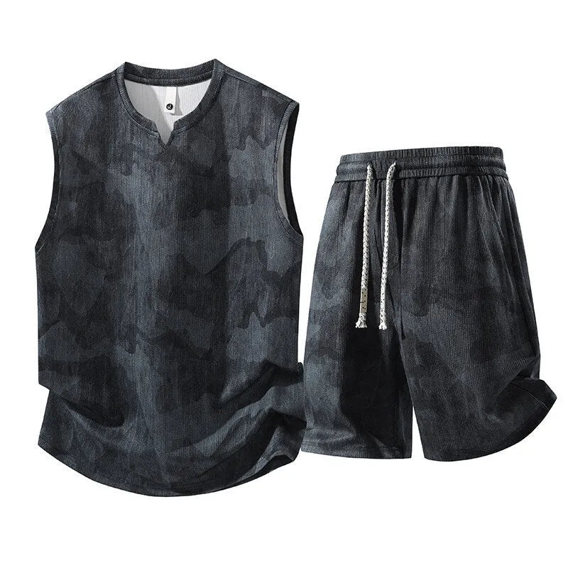Sleeveless vest suit plus size two-piece set in black blue with shorts quick-drying polyester spandex