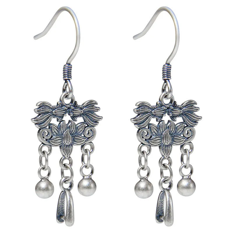 925 silver koi fish earrings handmade retro ethnic style ear hook women's sterling silver jewellery