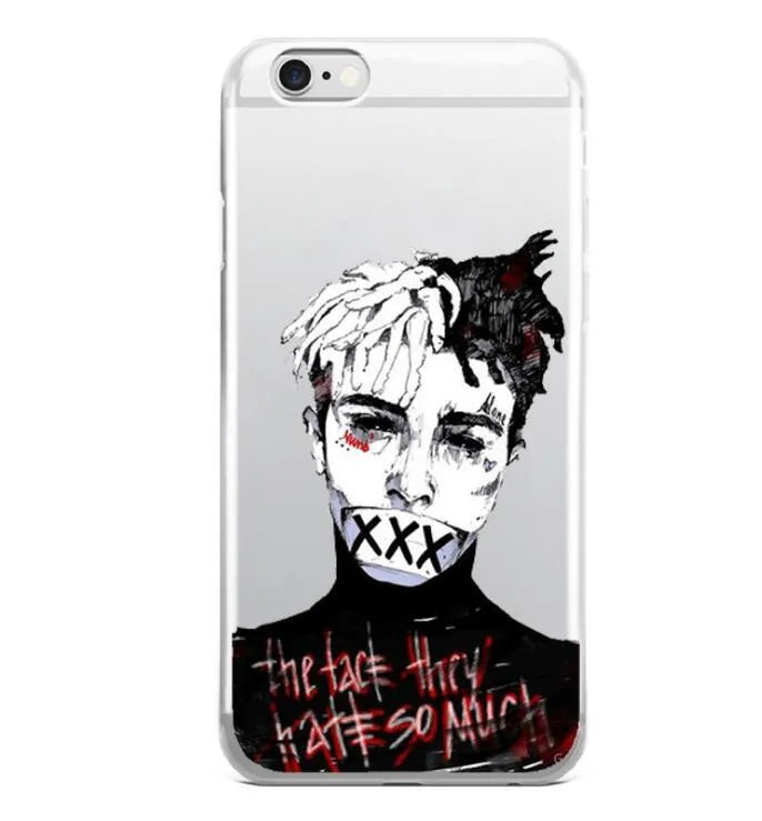 Transparent half-wrapped iPhone case with matte finish and XXXTentacion graphic design on a phone.