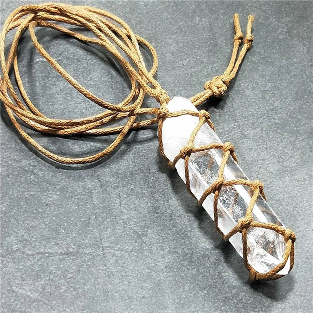 White crystal pillar pendant necklace in transparent colour with geometric shape hanging from chain
