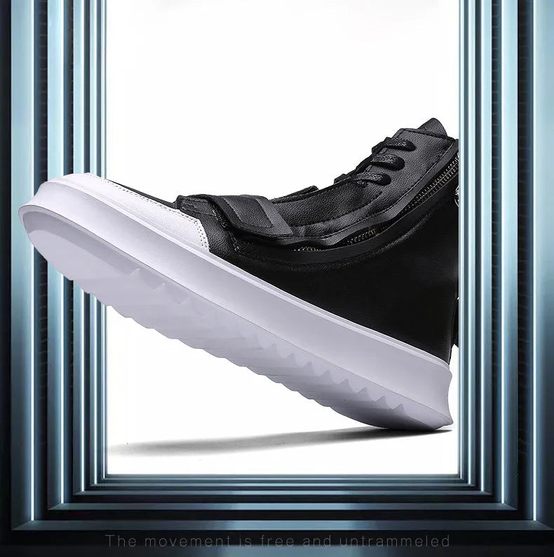 Men's black PU leather ankle boots in high-top sneaker style with microfiber construction