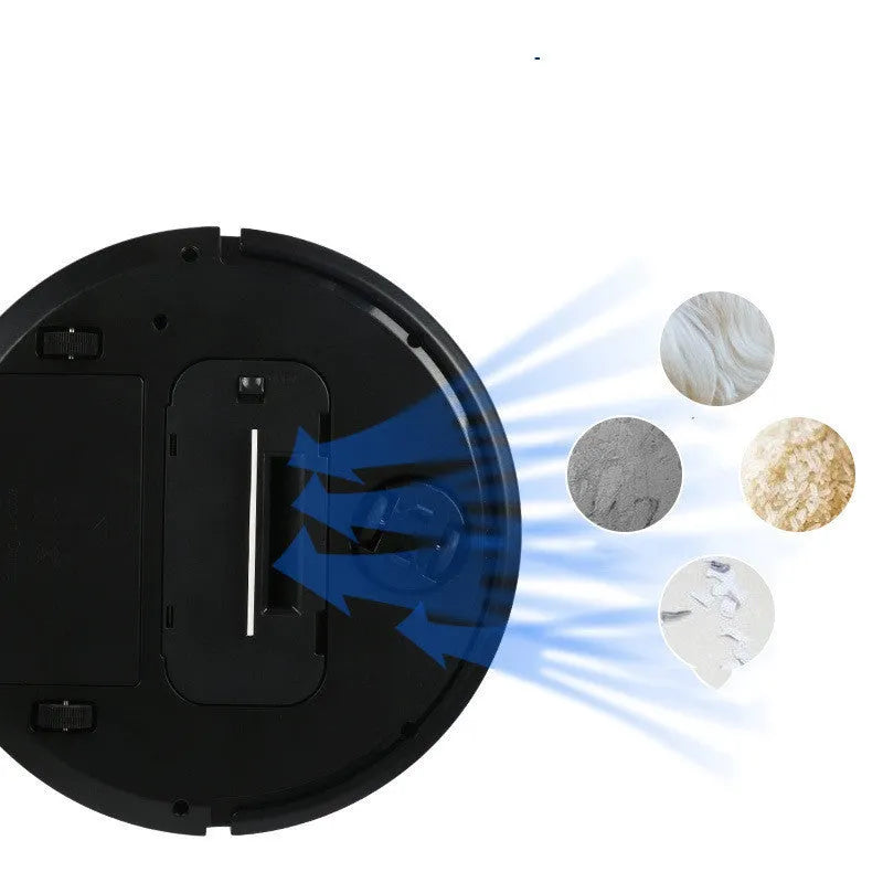 Black, red, and white intelligent robotic floor sweeper with sweeping brushes and suction intake.