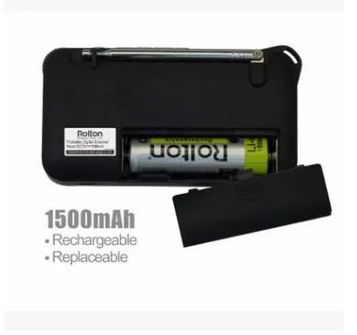 Rolton W405 portable FM radio and MP3 speaker in blue, showing LED screen and compact size