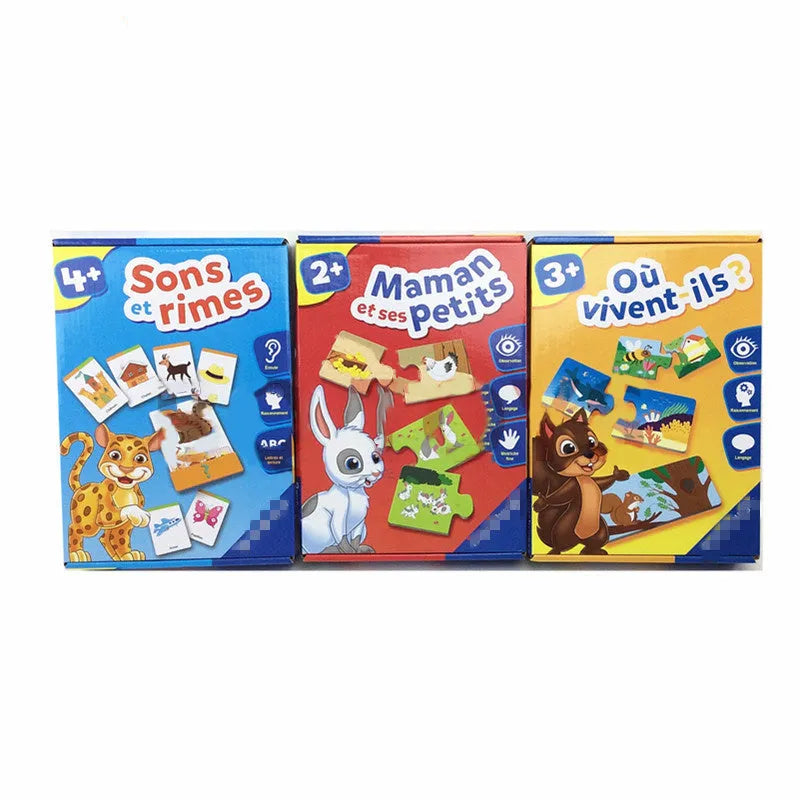 French children's puzzle toy with 12 pairs of thickened paper mosaic cards showing pictures and words.