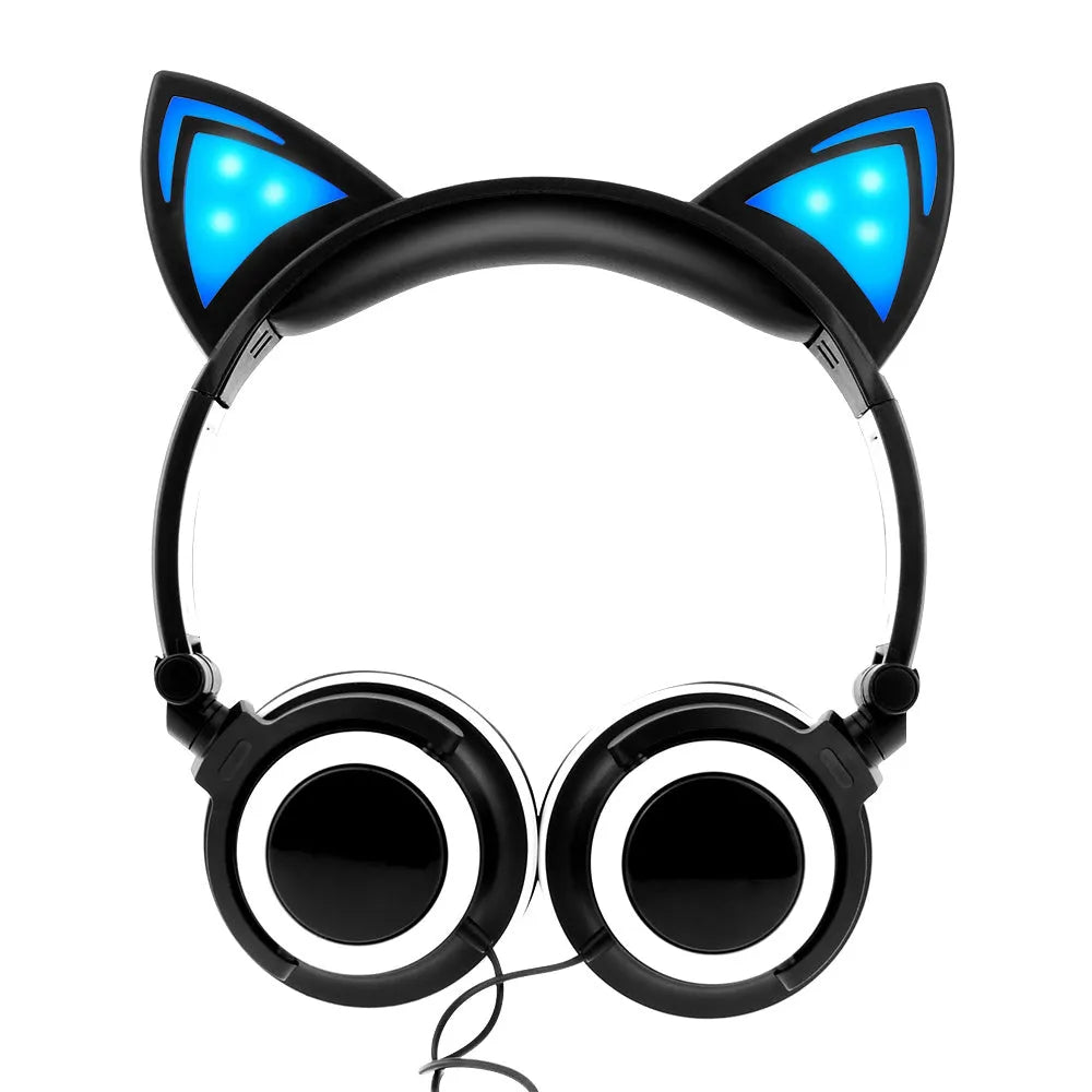 Black cat ear headphones with illuminated blue LED lights on the ears and ear cushions.