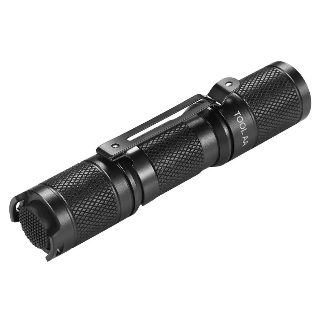 Lumintop Tool AA2.0 black compact keychain flashlight with Cree LED on metallic background