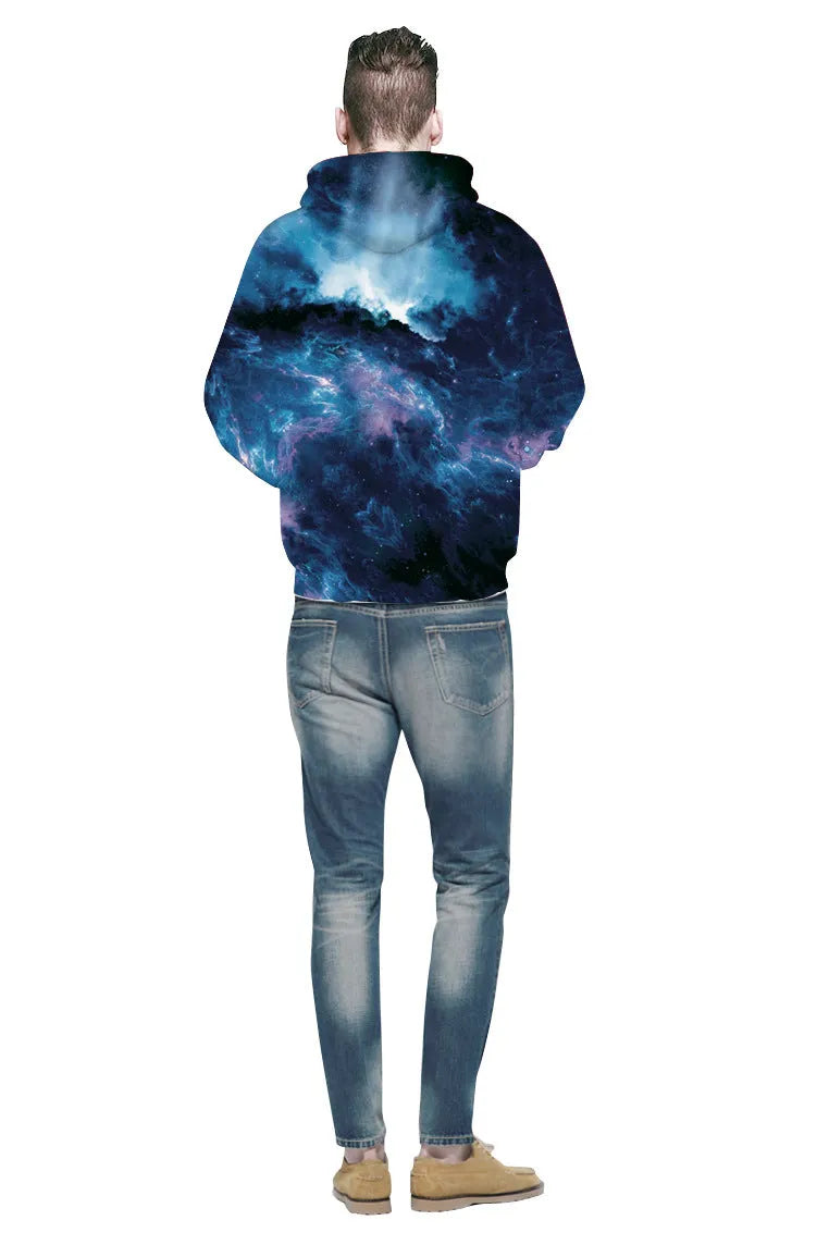 Deep Blue Galaxy Hoodie in polyester spandex blend, front view, deep blue colour with galaxy pattern
