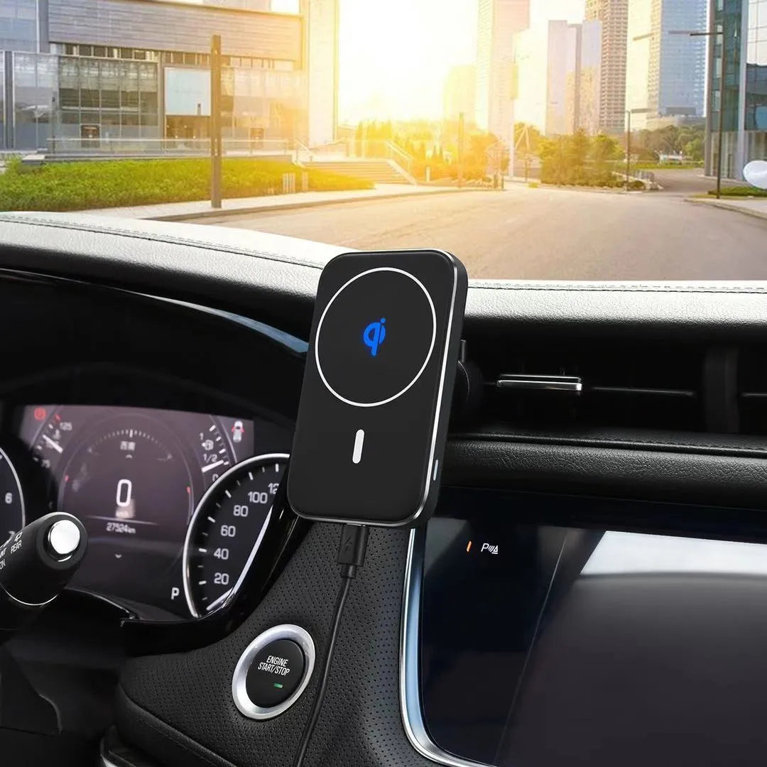 M6 black magnetic car phone mount with wireless charging and USB cable