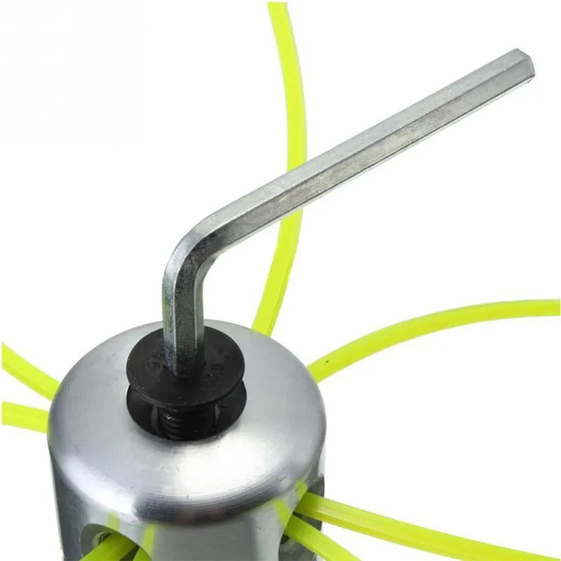 Silver aluminium grass trimmer head with four light yellow square strings for lawn mower accessories