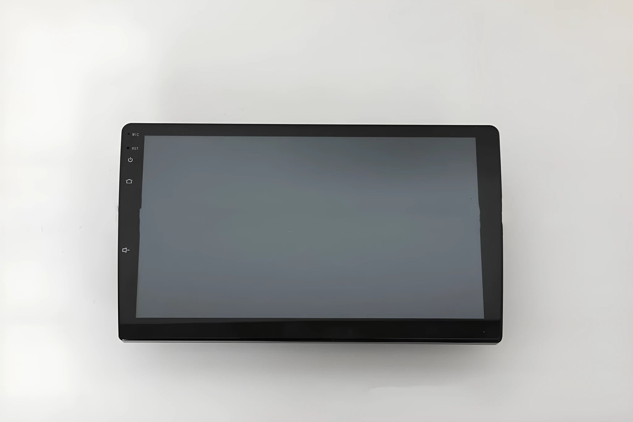 Black Android car stereo with touch screen display showing GPS navigation interface