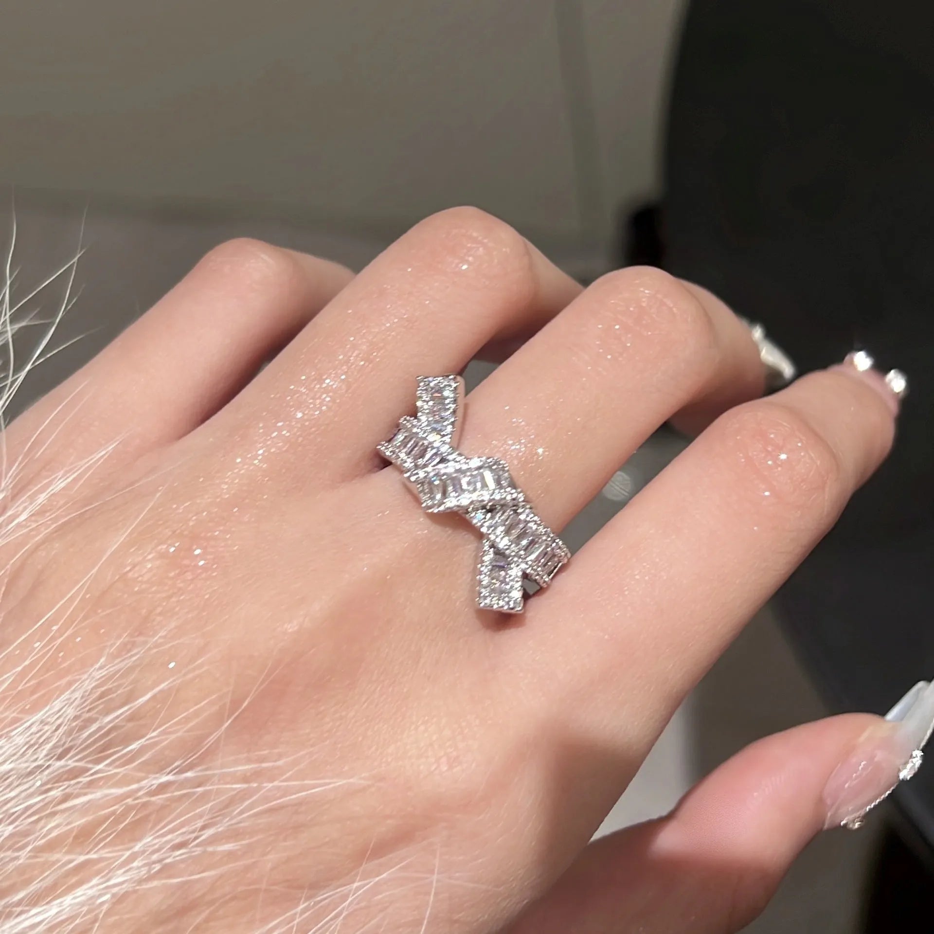 Silver cross open ring with bow shape, copper base, electroplated finish, light luxury style