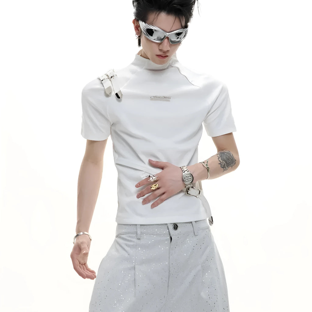 Men's slim fit cotton T-shirt with metal belt design and small stand-up collar