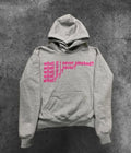 Black heavyweight hooded sweater with a graphic letter print on the front.