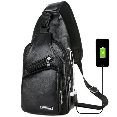 USB charging chest bag in black PU leather with embossed pattern showing front zipper and USB port