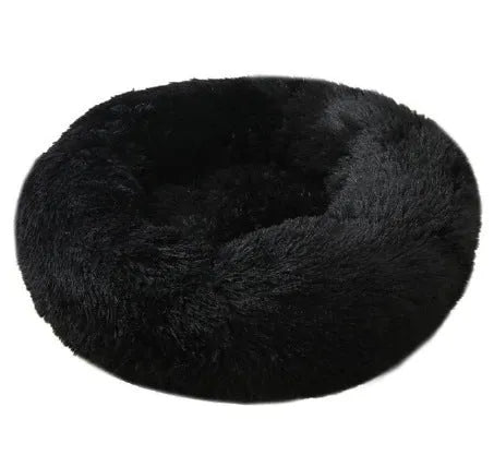 Round PV plush pet bed with raised rim in khaki colour for dogs and cats