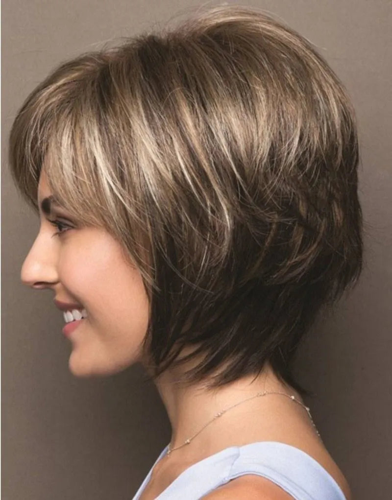 Mixed blonde brown short heat resistant wig on stand, brown colour, synthetic fibre