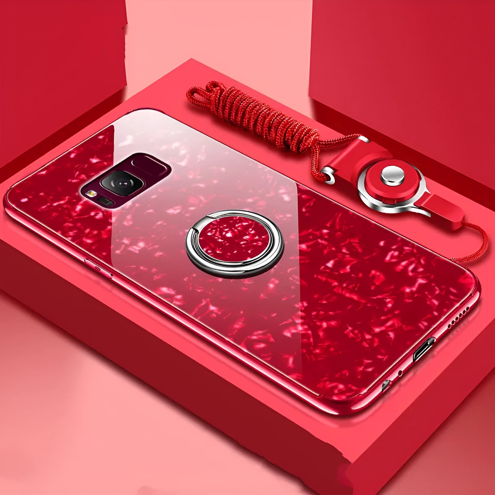 Tempered glass phone case in black, pink, red, or white for Samsung S8 and S9.