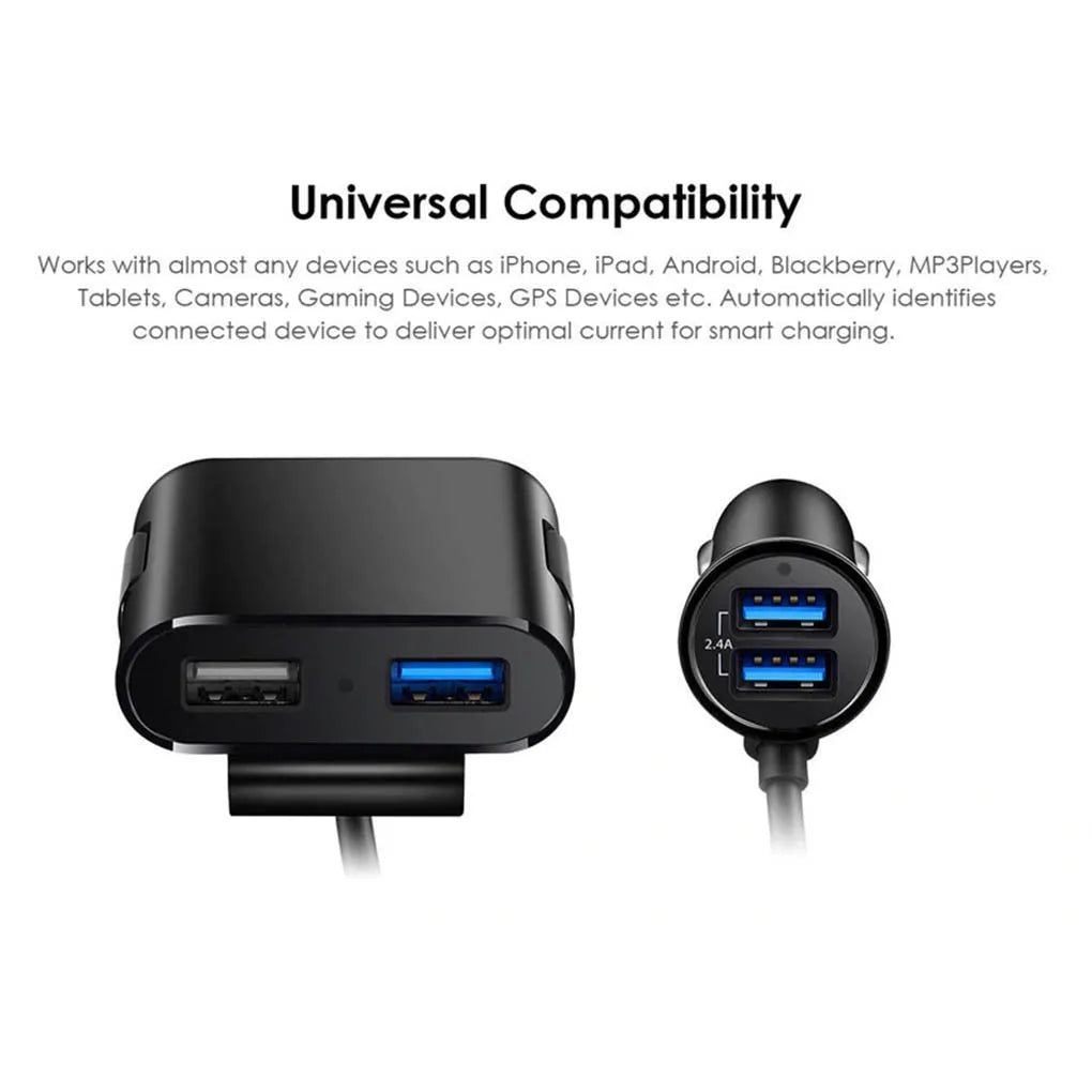 Black plastic fast charge car charger with QC3.0 and dual USB ports, blue LED on charger and white on extender