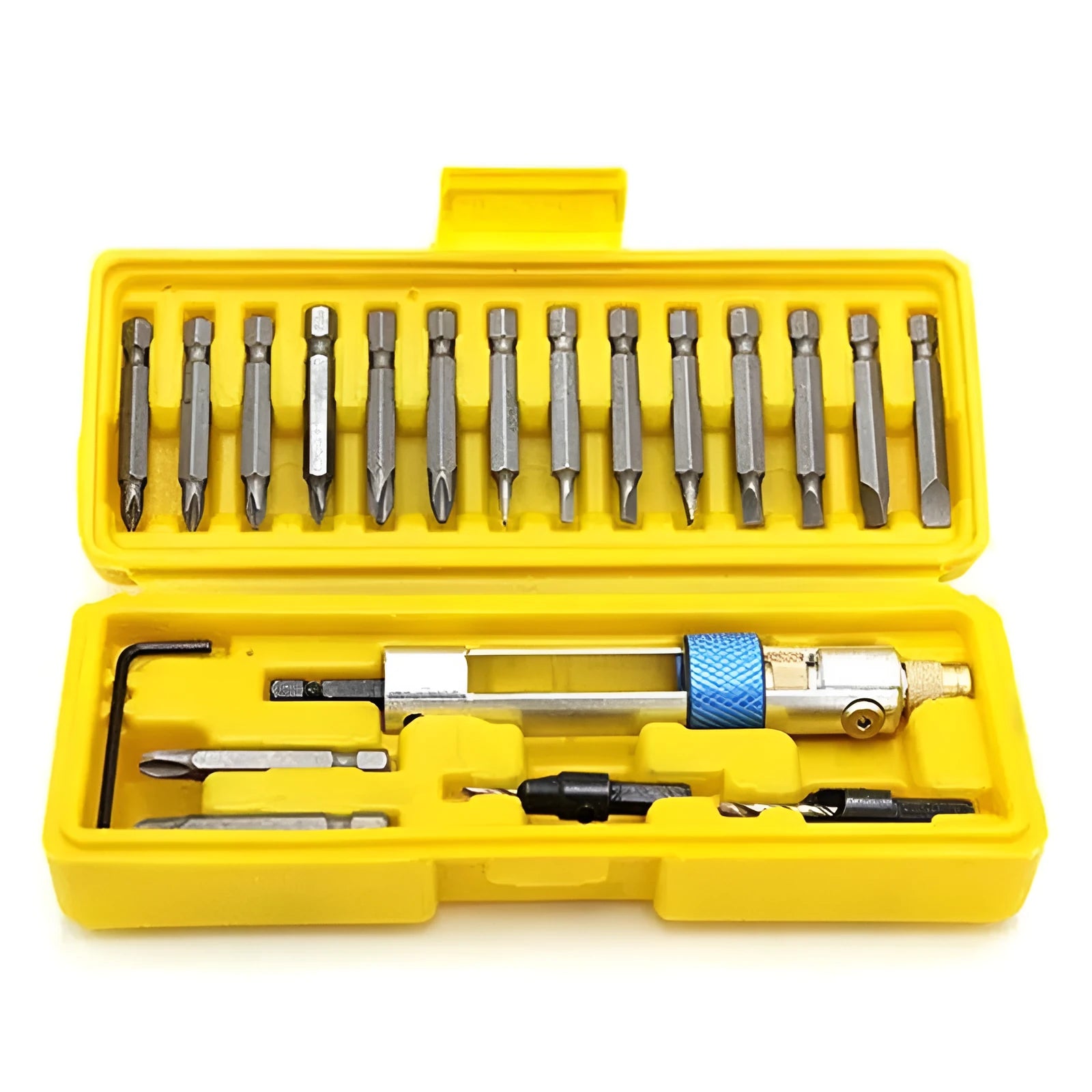 Half Time Drill adapter kit with swivel head and 18 drill bits including Phillips, flathead, and countersink types