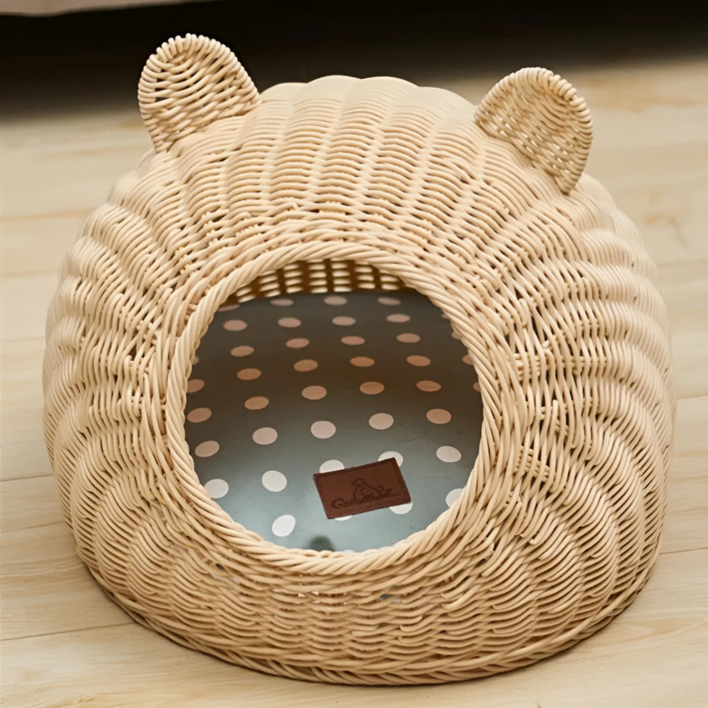 Rattan cat litter box with cat ears design, beige colour, enclosed pet nest with rattan and fabric construction