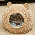 Rattan cat litter box with cat ears design, beige colour, enclosed pet nest with rattan and fabric construction