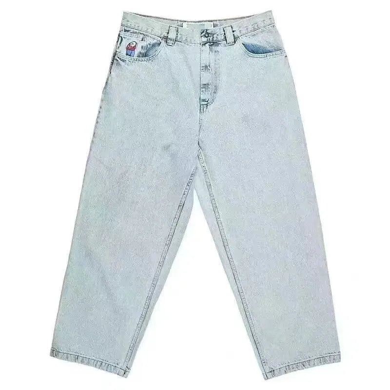 Men's straight-leg denim trousers with retro printed patterns in dark blue, shown in size L