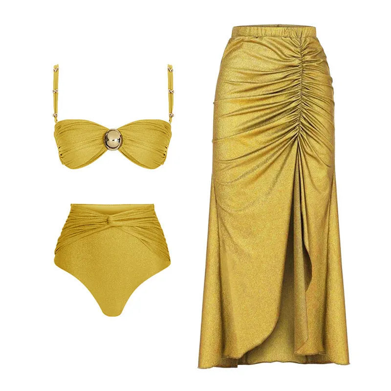 Women's high-waist split swimsuit set with skirt, top, and pants in green and yellow colours