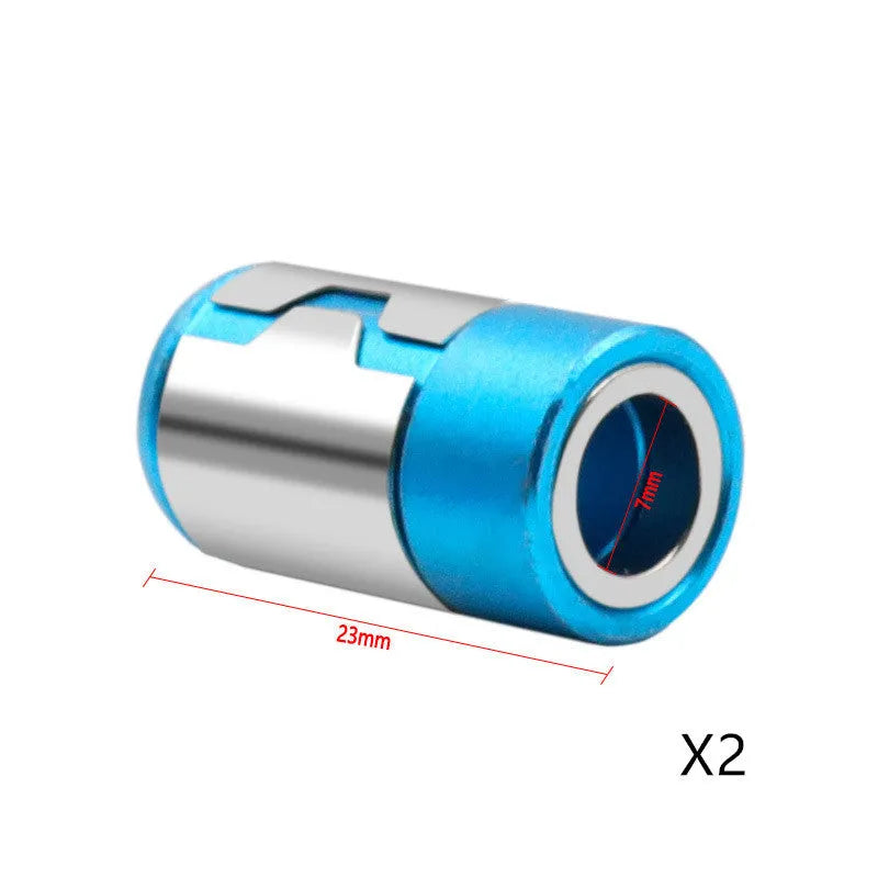 Light blue magnetic screwdriver bit with slotted head and high-carbon steel construction