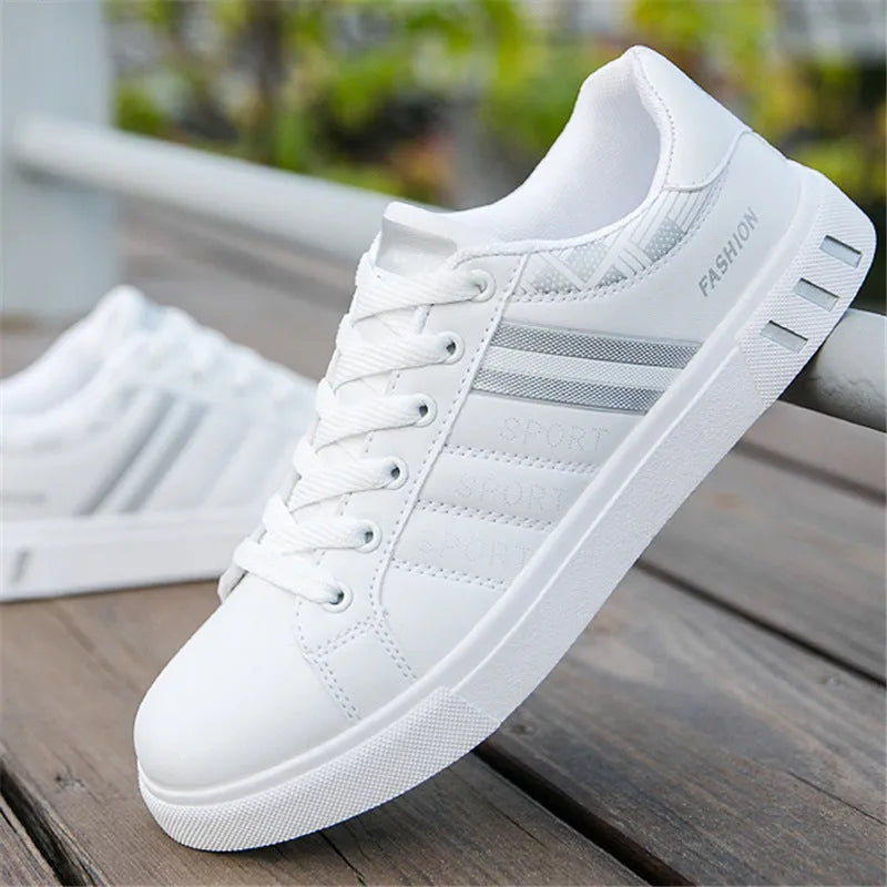 Men's sports shoes shown in black, also available in grey and white, with EU size tags from 39 to 44.
