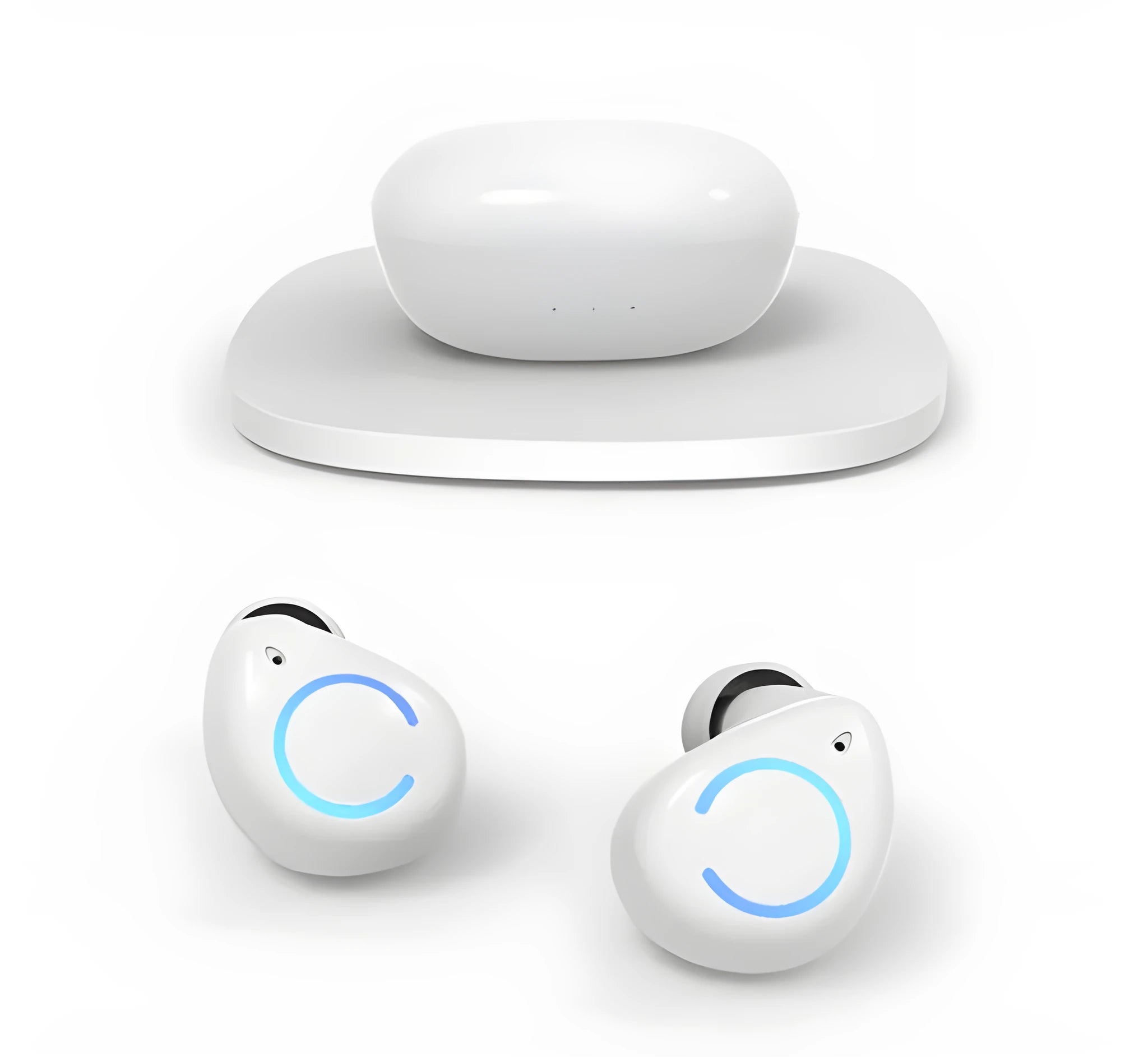 Black and white M18 true wireless in-ear stereo headphones with Bluetooth 5.0 shown with charging case