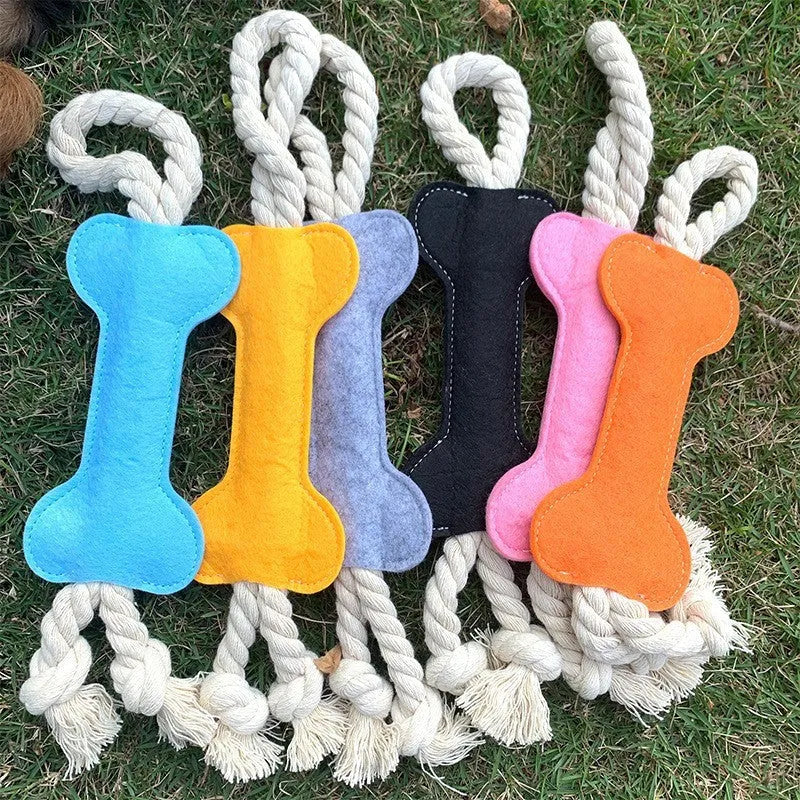 Bone shaped dog toy with rope knot design in choice of four colours for bite resistant training
