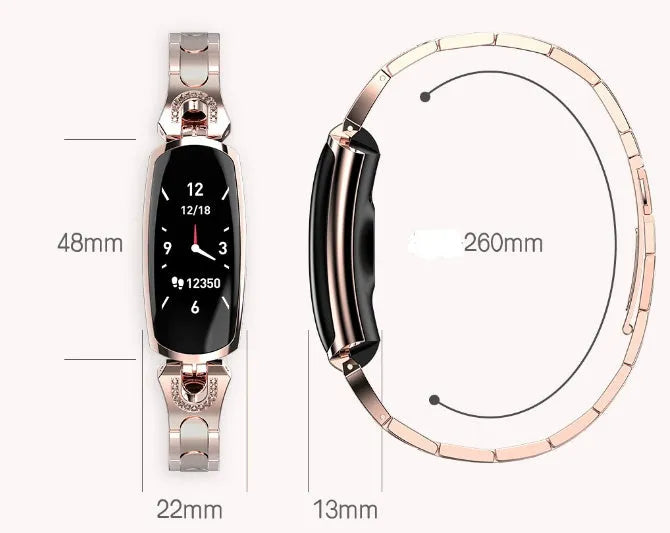 Smart bracelet with 0.96 inch TFT screen showing fitness data, available in Rose Gold, black, and silvery colours, IP67 waterproof design