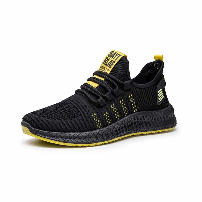 Men's low-top casual trainers with Flying Weave upper, cross straps, and striped pattern in black, orange, or yellow.
