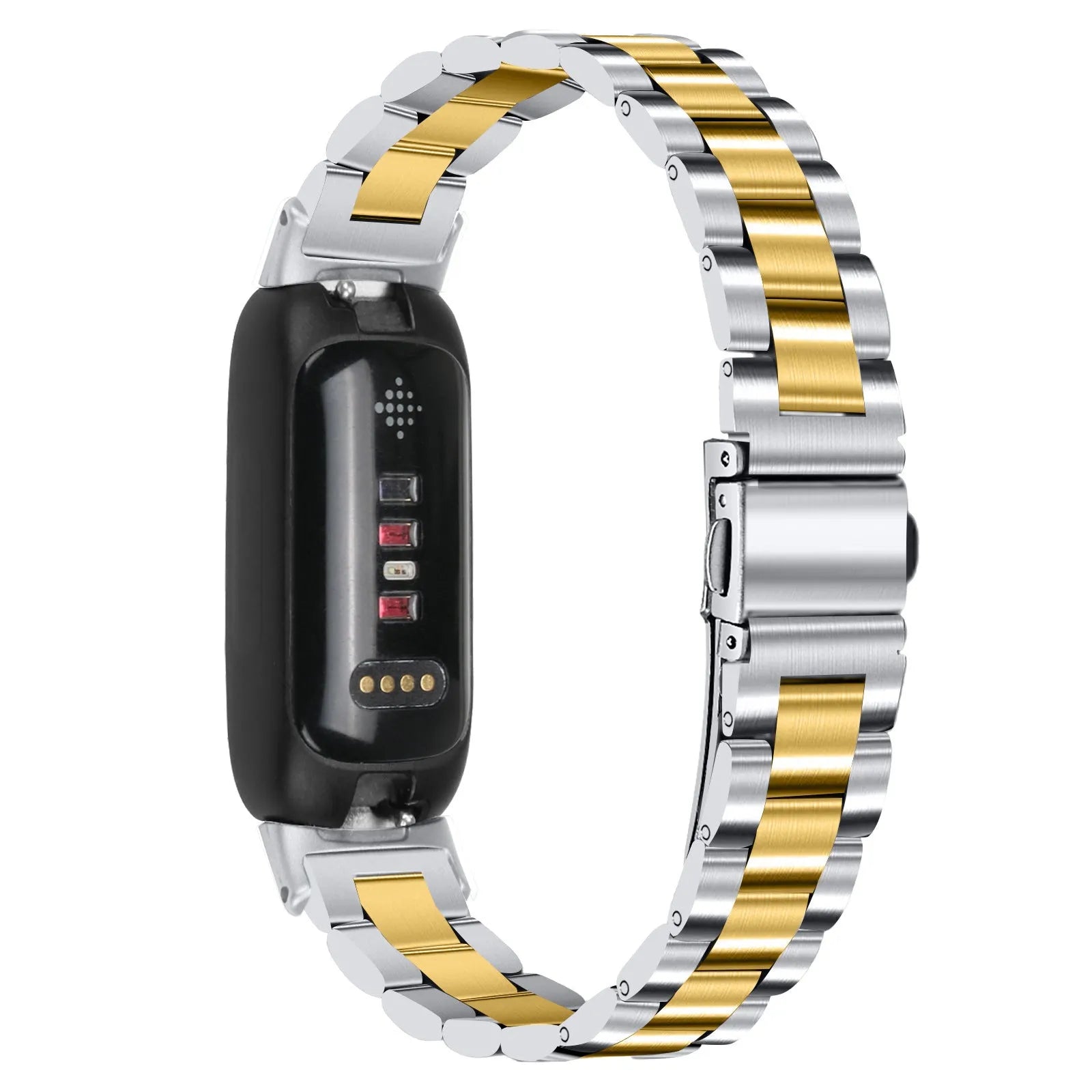 Stainless steel watch strap for Fitbit Inspire 3 tracker in multiple colour options on a grey background.