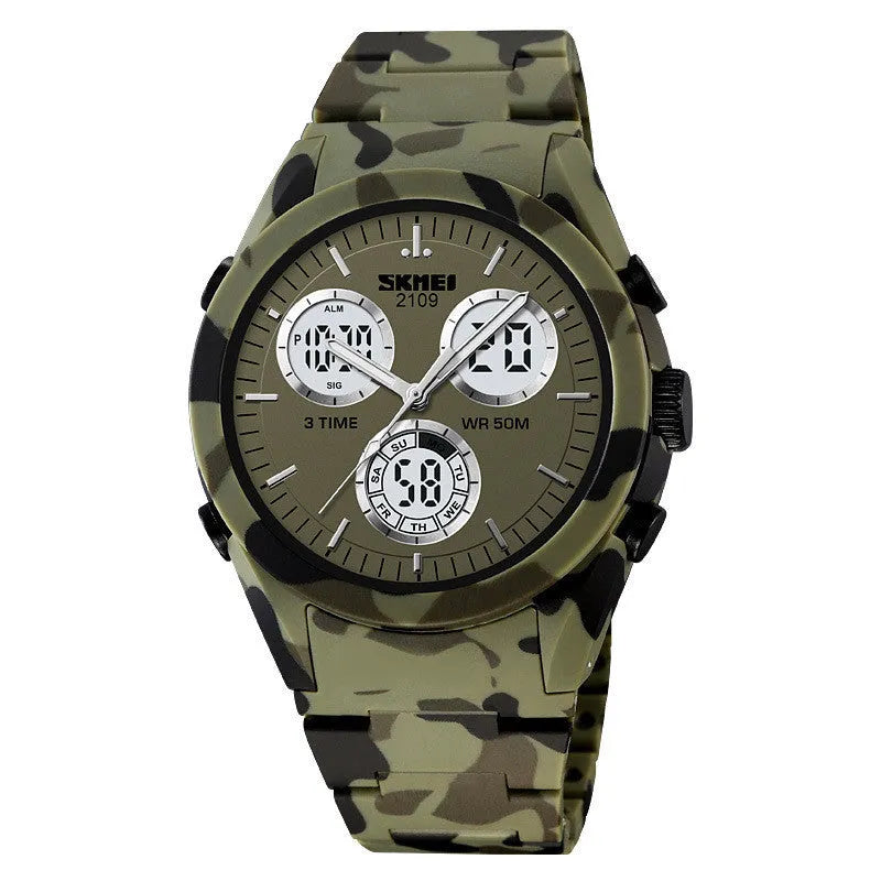 Electronic digital watch with a camouflage TPU strap and resin mirror, showing time on display.