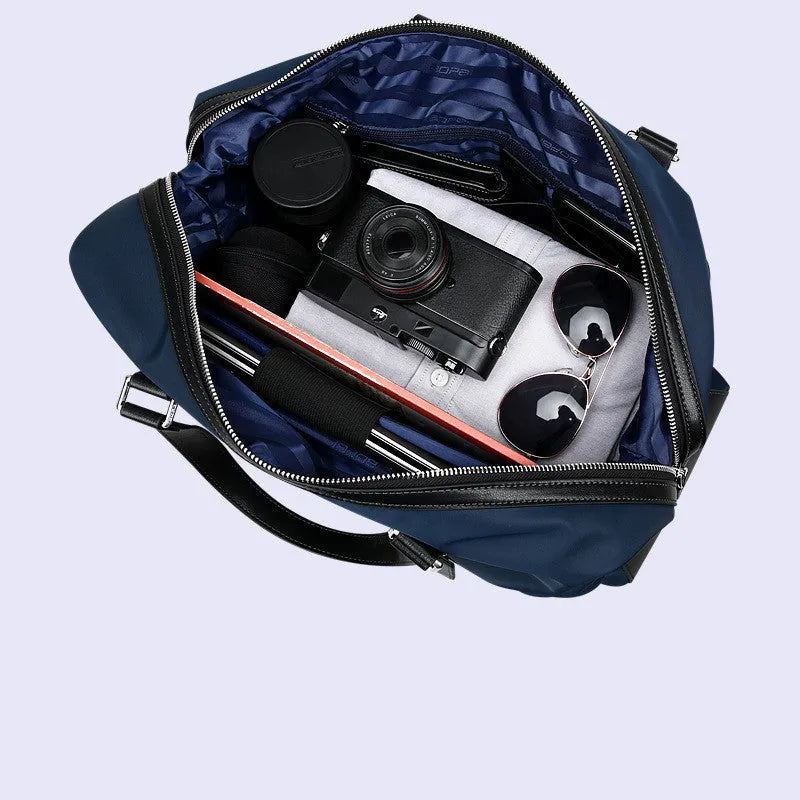 Folding Korean duffle bag for men in black nylon and microfiber, 44x26x18 cm, with zipper pocket