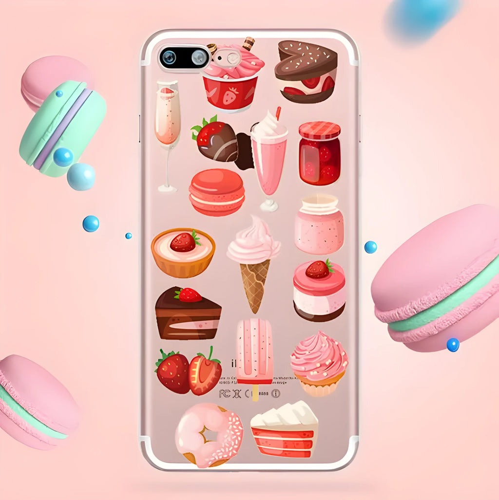 Transparent silicone iPhone case with a printed pink and brown ice cream pattern on the back.