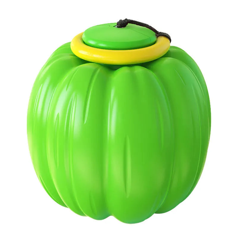 Green, orange, and yellow plastic pumpkin dog chew toy with squeaker for small dogs.