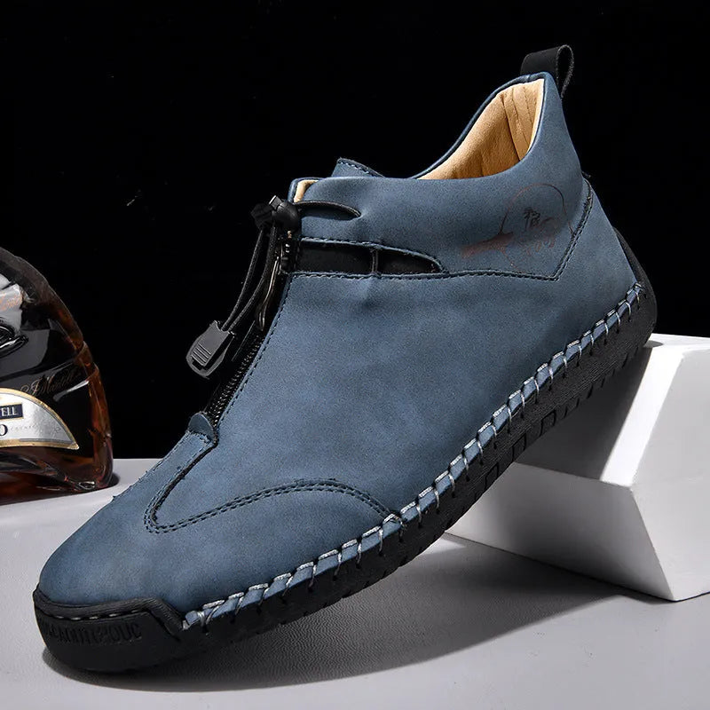 Men's casual leather shoes with mid-heel height increase in black blue green and khaki colors