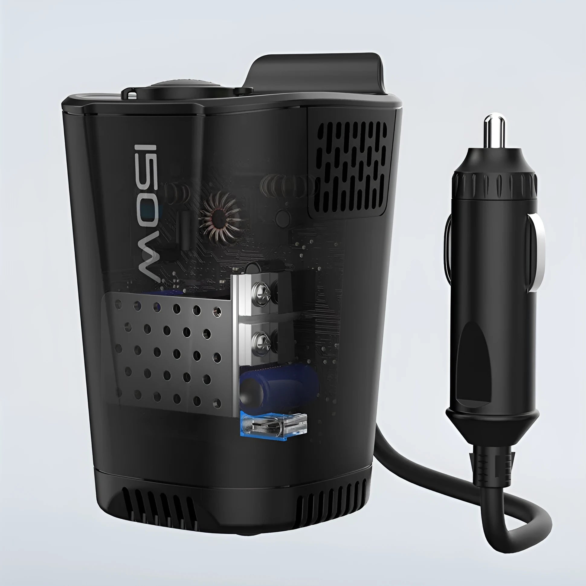 150W 12V to 110V inverter car charger with dual USB-C PD30W and USB-A 18W, fireproof ABS housing