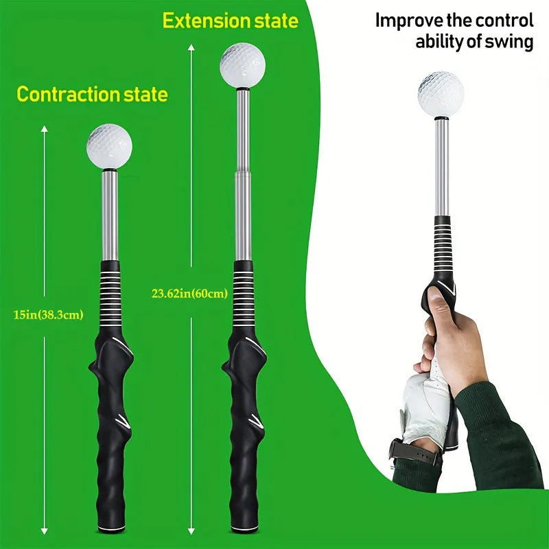 Telescopic golf swing trainer with stainless steel construction in black, blue, or red colours
