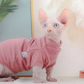 Hairless cat wearing toothpick Dralon jumper in cherry pink, two-foot design for front legs, soft autumn winter pet clothing