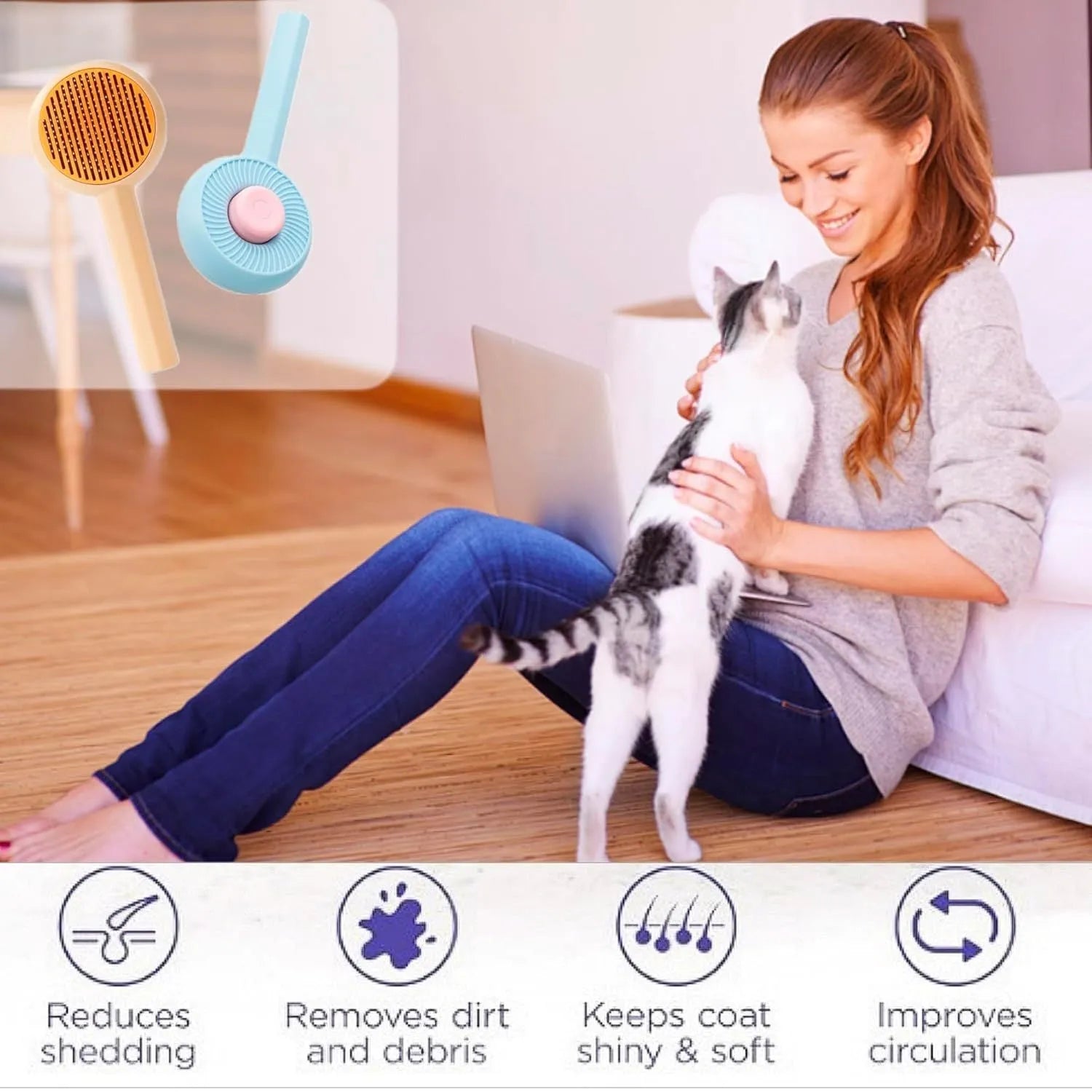 Blue pet grooming brush with self-cleaning button and angled metal pins for cats and dogs